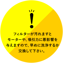 フィルターが汚れますとモーターや、吸引力に悪影響を与えますので、早めに洗浄するか交換して下さい。